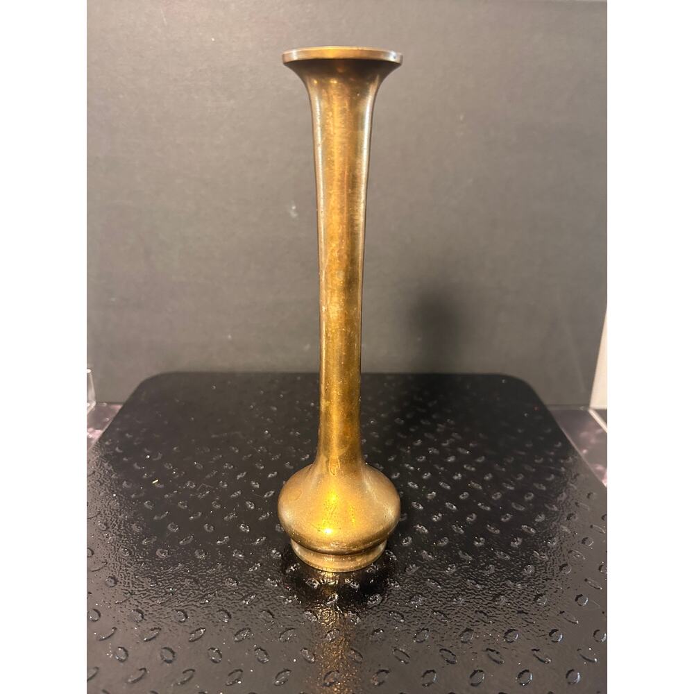 vintage Indian-style bud vase features a long, slender stem with a flared rim